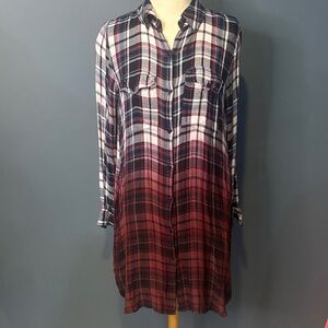 Women’s Plaid Button-Down Shirt Tunic Dress Maroon Pink blue White. Small